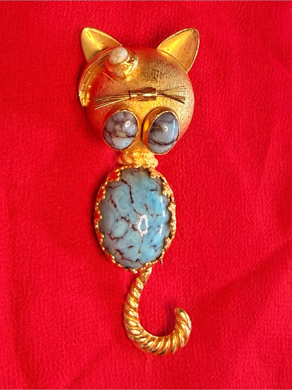 VTG Gold Tone Kitty Cat Jelly Belly Faux Turquoise Coral Pin Brooch Italy Rare